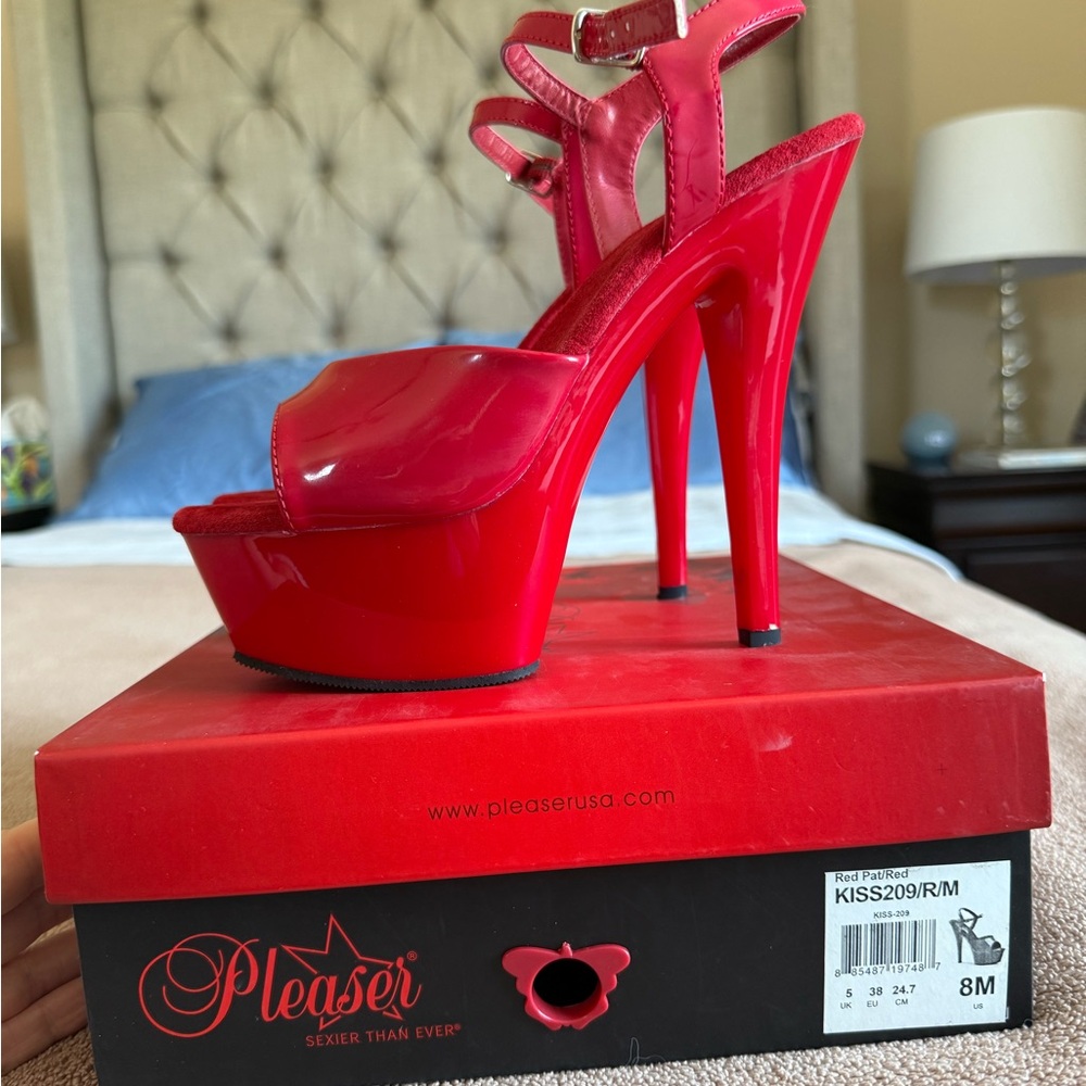 Like New Pleaser Red Platform Stilettos with Ankle Strap - Picture 2 of 6